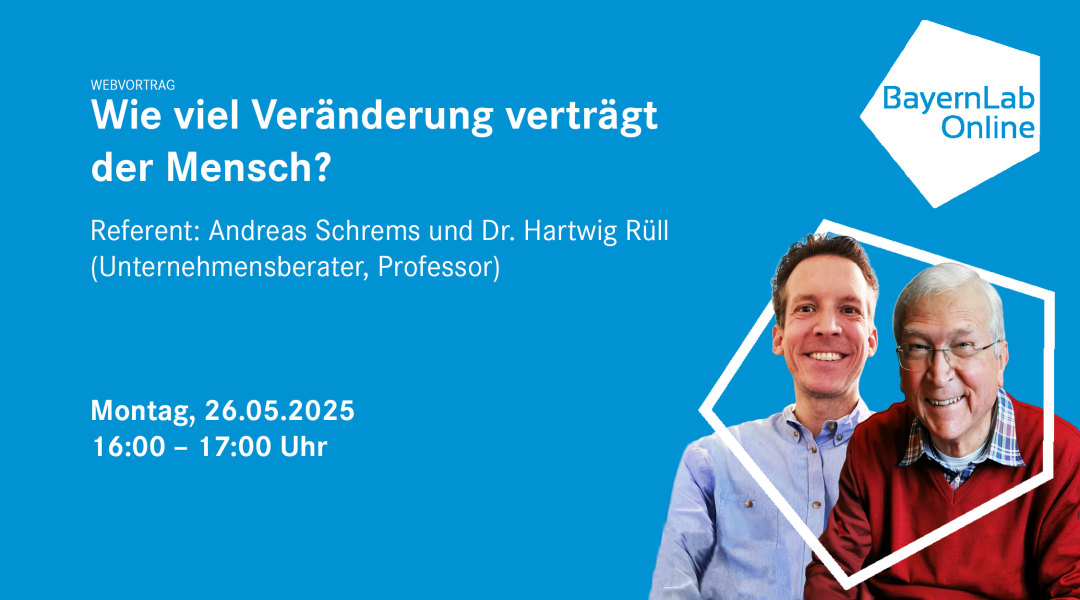 Blaue Grafik mit Informationen in weißer Schrift zum Webvortrag, die Informationen sind auch im Fließtext. Rechts oben in blauer Schrift 