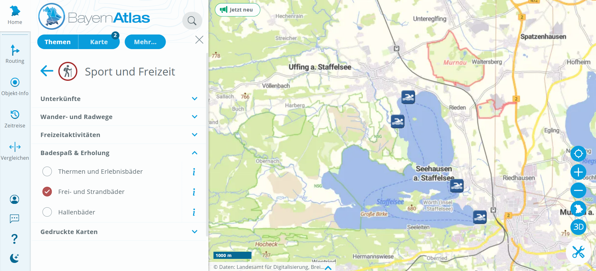 Screenshot Frei- und Strandbäder im BayernAtlas  Zu sehen ist ein Screenshot aus dem BayernAtlas, Thema "Sport und Freizeit", Layer "Frei- und Strandbäder". Gezeigt wird der Staffelsee mit vier markierten Badestellen.